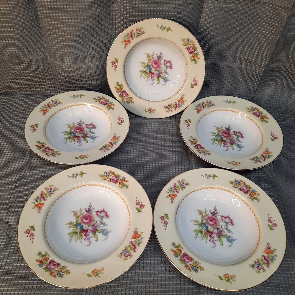 Noritake China Empire Pattern 8 1/4" Rim Soup Bowls Flowers & Gold Trim Set of 5